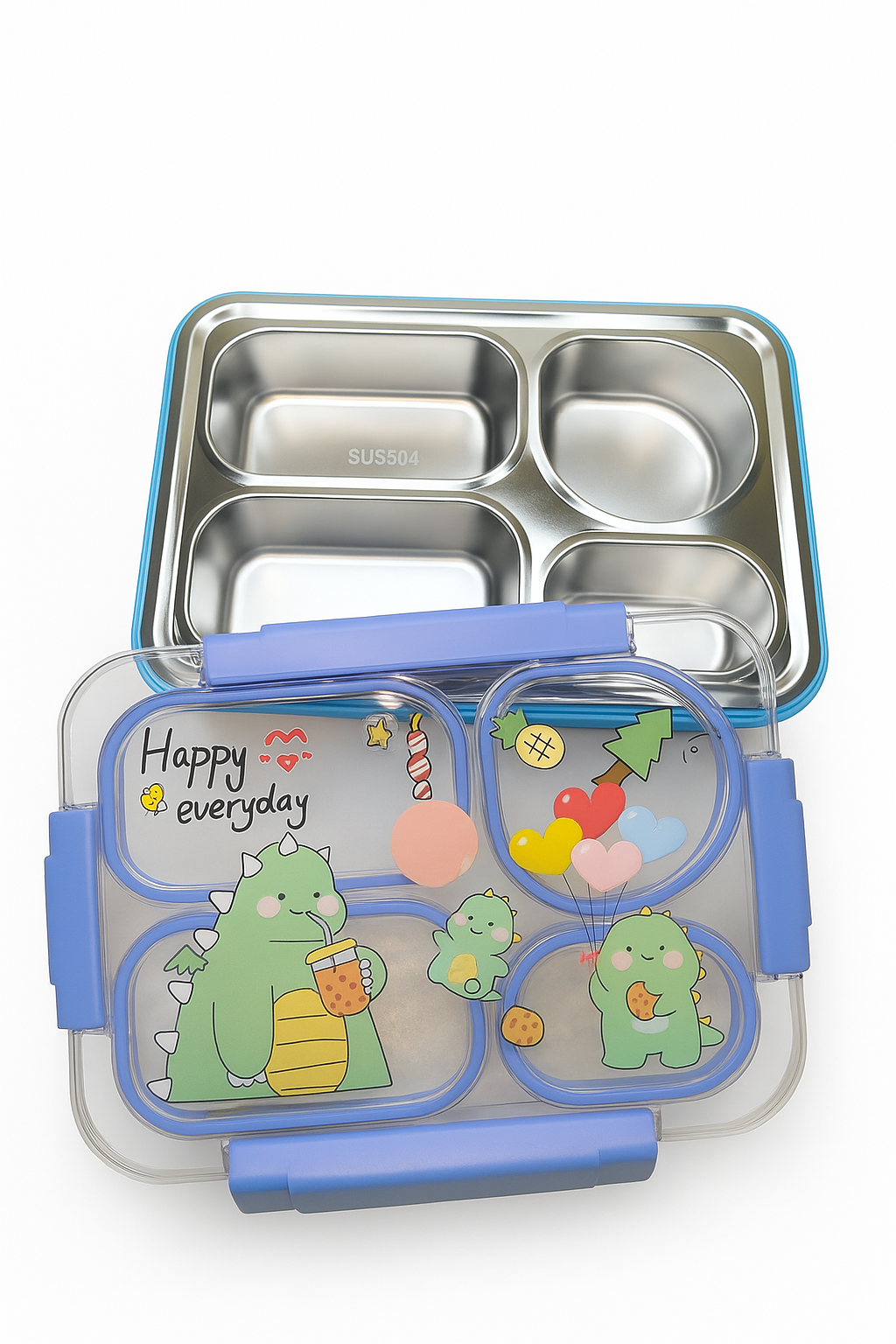Stainless Steel Kids Lunch Box with 4 Compartments & Cartoon Dinosaur Design – Leakproof, BPA-Free, with Spoon & Fork Set (Blue)