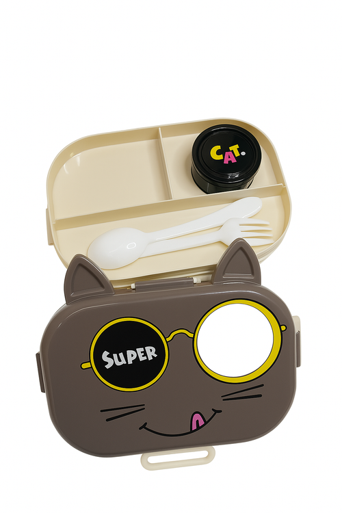 Cute Cartoon Cat Lunch Box with Spoon & Fork | Leak-Proof 3-Compartment Tiffin for Kids & School SIPWIP