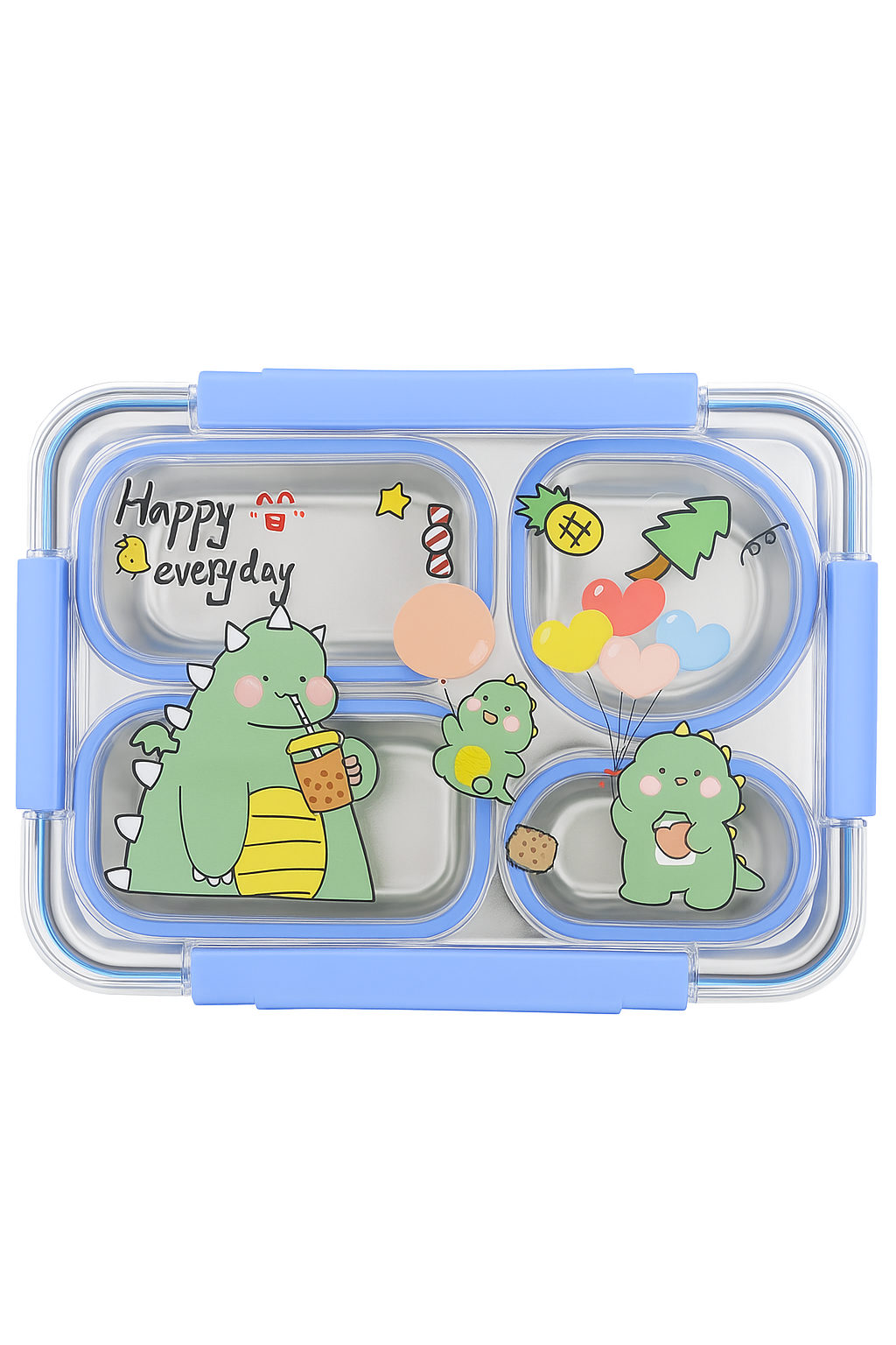 Stainless Steel Kids Lunch Box with 4 Compartments & Cartoon Dinosaur Design – Leakproof, BPA-Free, with Spoon & Fork Set (Blue)