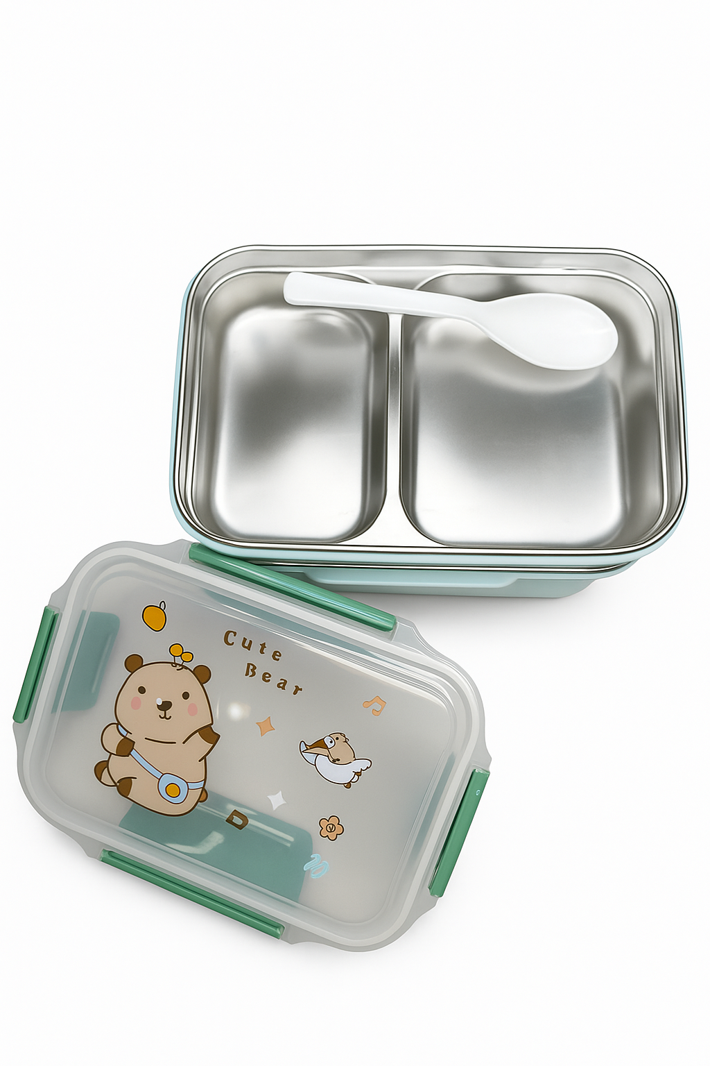 Cute Bear Stainless Steel Lunch Box with Spoon – Dual Compartment Bento Box for Kids & Adults
