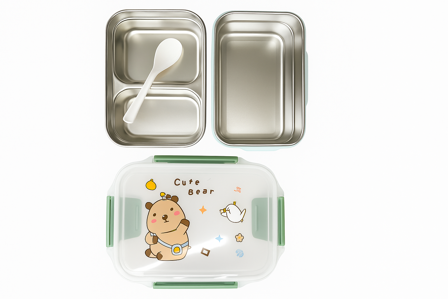 Cute Bear Stainless Steel Lunch Box with Spoon – Dual Compartment Bento Box for Kids & Adults