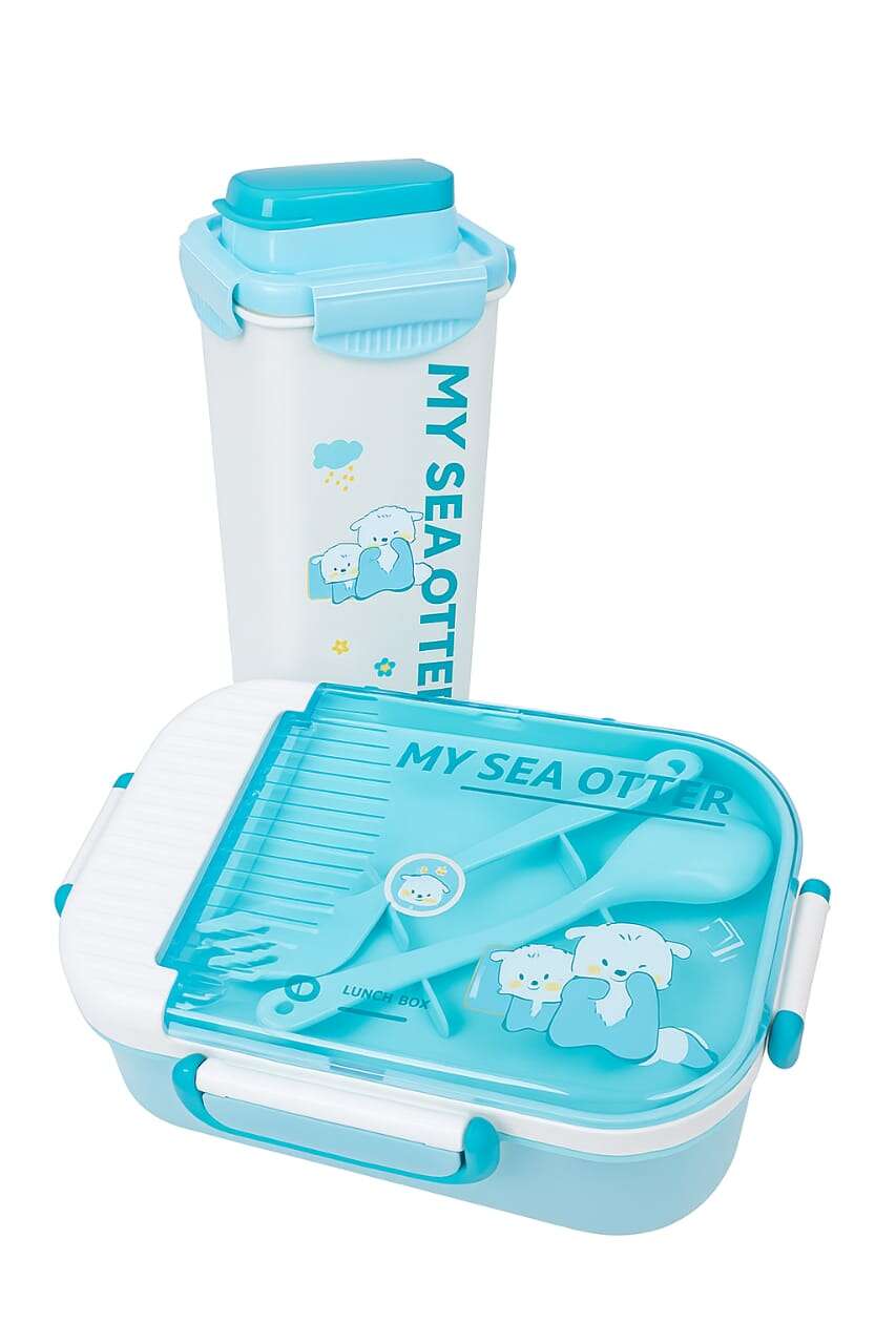 kids Bento Lunch Box with Bottle Set – “My Sea Otter” | 3-Compartment Lunchbox with Spoon & Fork SIPWIP