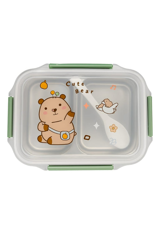 Cute Bear Stainless Steel Lunch Box with Spoon – Dual Compartment Bento Box for Kids & Adults
