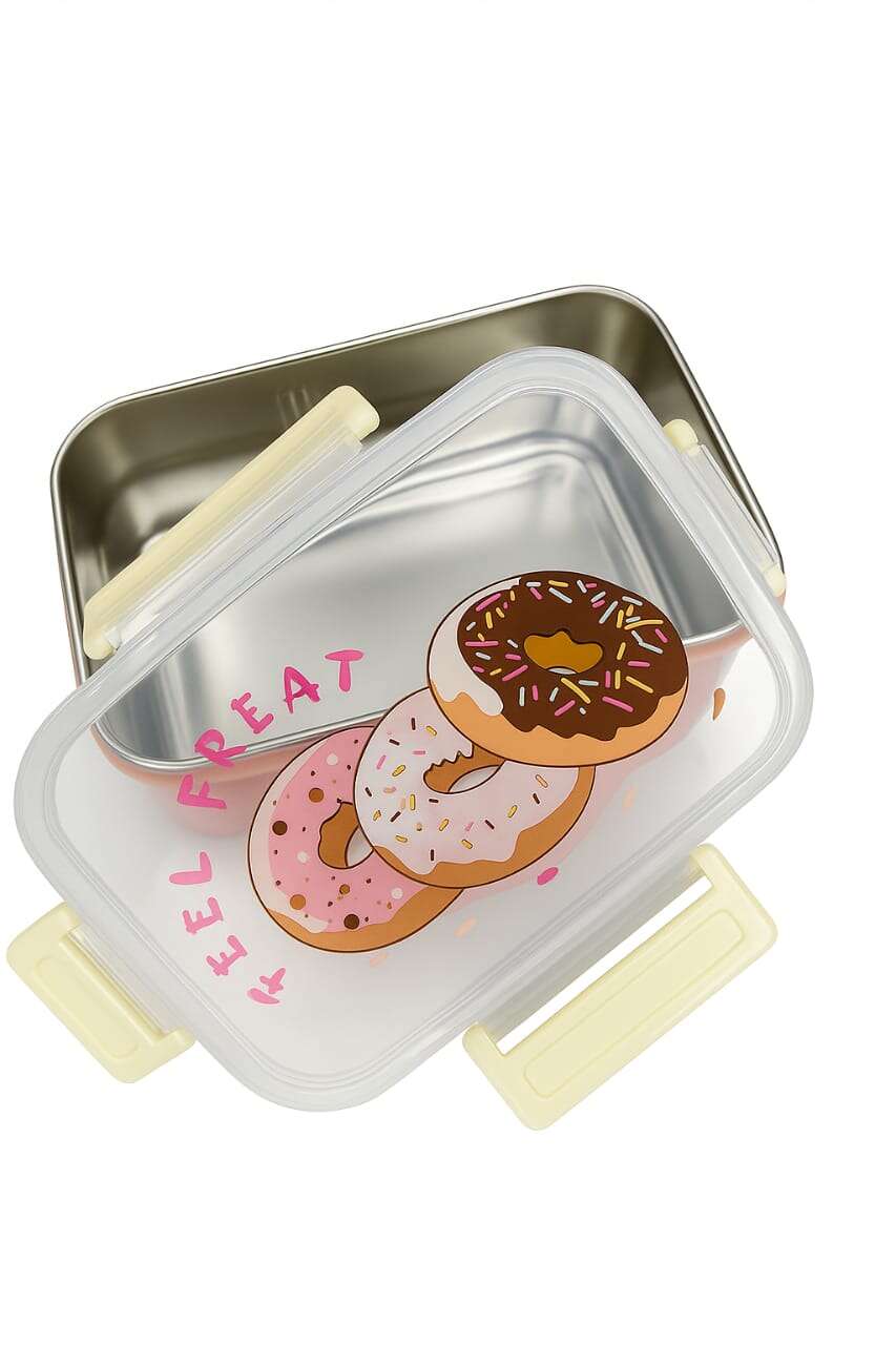 Kids Stainless Steel Lunch Box – “Feel Great Donut” | Leakproof Tiffin with Spoon & Inner Tray SIPWIP