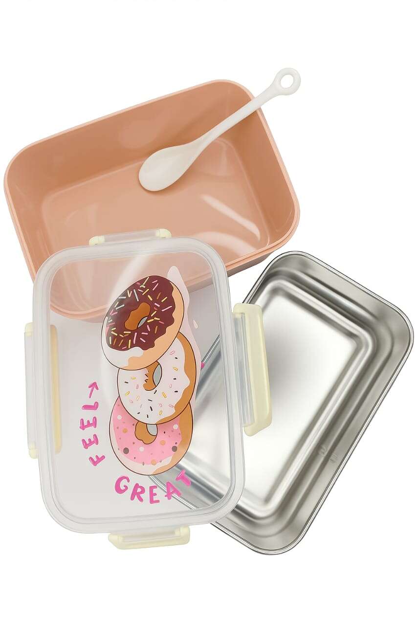 Kids Stainless Steel Lunch Box – “Feel Great Donut” | Leakproof Tiffin with Spoon & Inner Tray SIPWIP