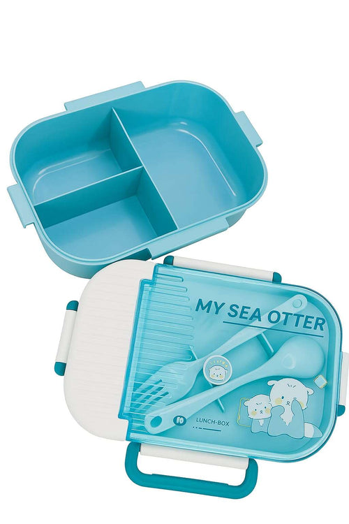 kids Bento Lunch Box with Bottle Set – “My Sea Otter” | 3-Compartment Lunchbox with Spoon & Fork SIPWIP