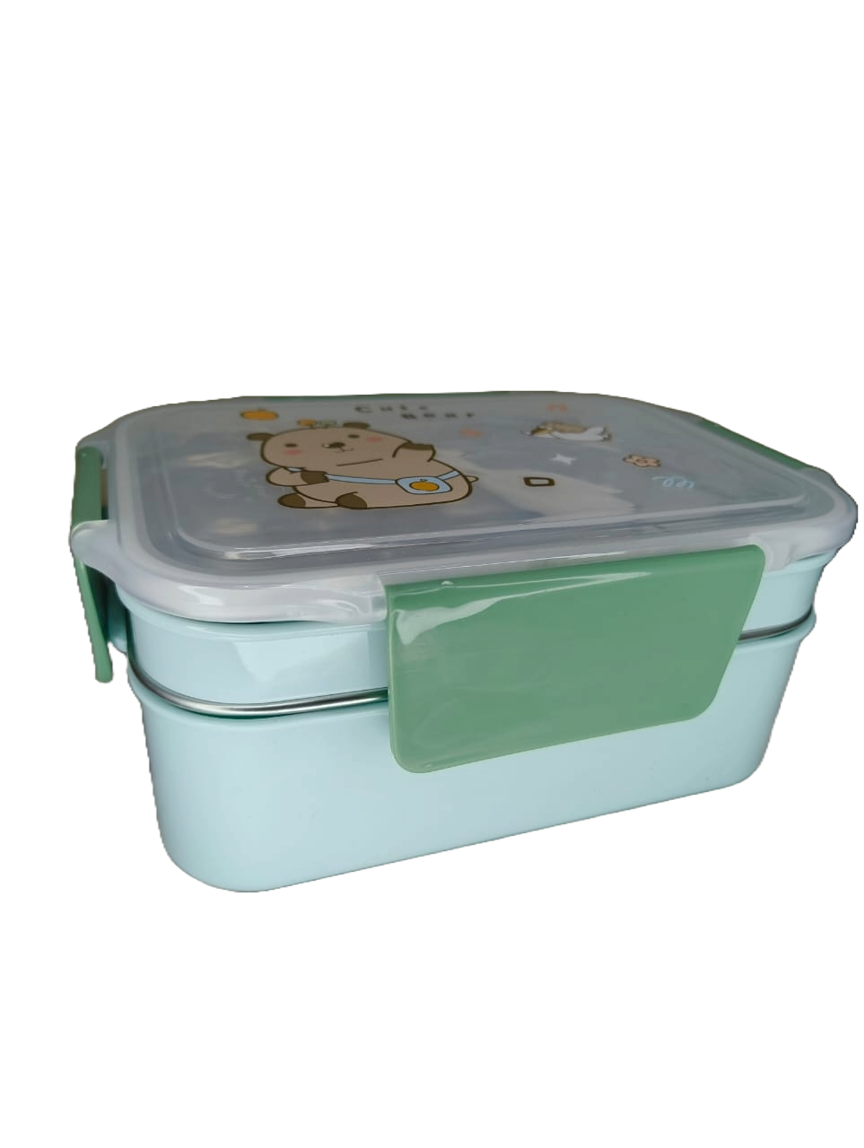 Cute Bear Stainless Steel Lunch Box with Spoon – Dual Compartment Bento Box for Kids & Adults