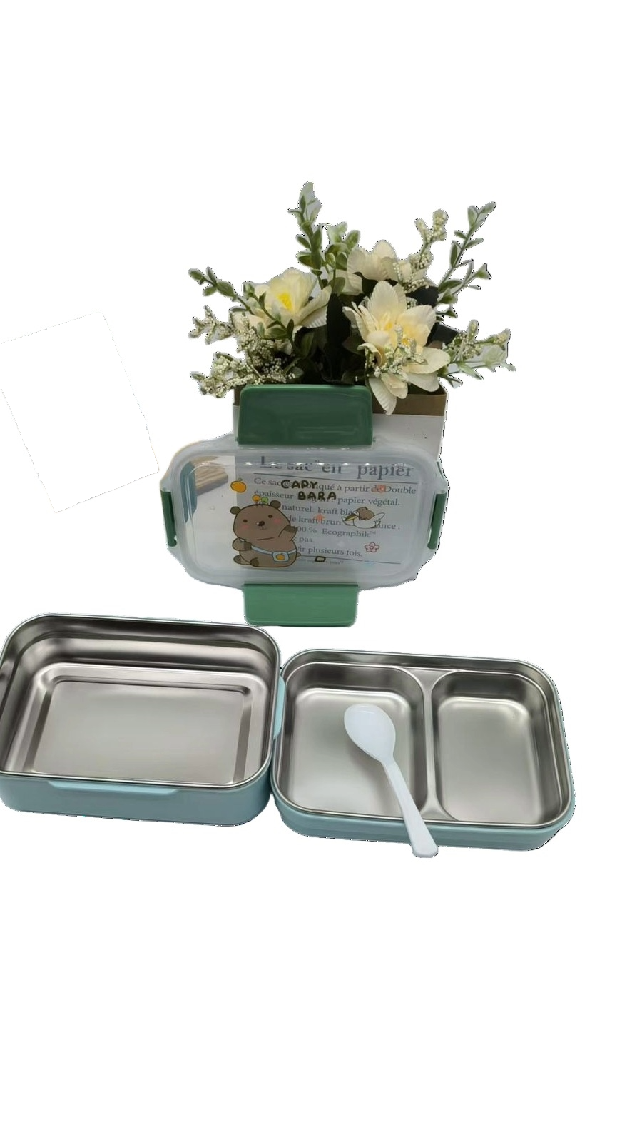 Cute Bear Stainless Steel Lunch Box with Spoon – Dual Compartment Bento Box for Kids & Adults